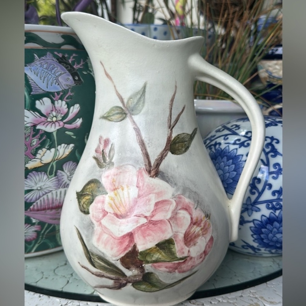 Vintage Ceramic Large Pink Flower Vase / Watering Pitcher | Grandmillennial